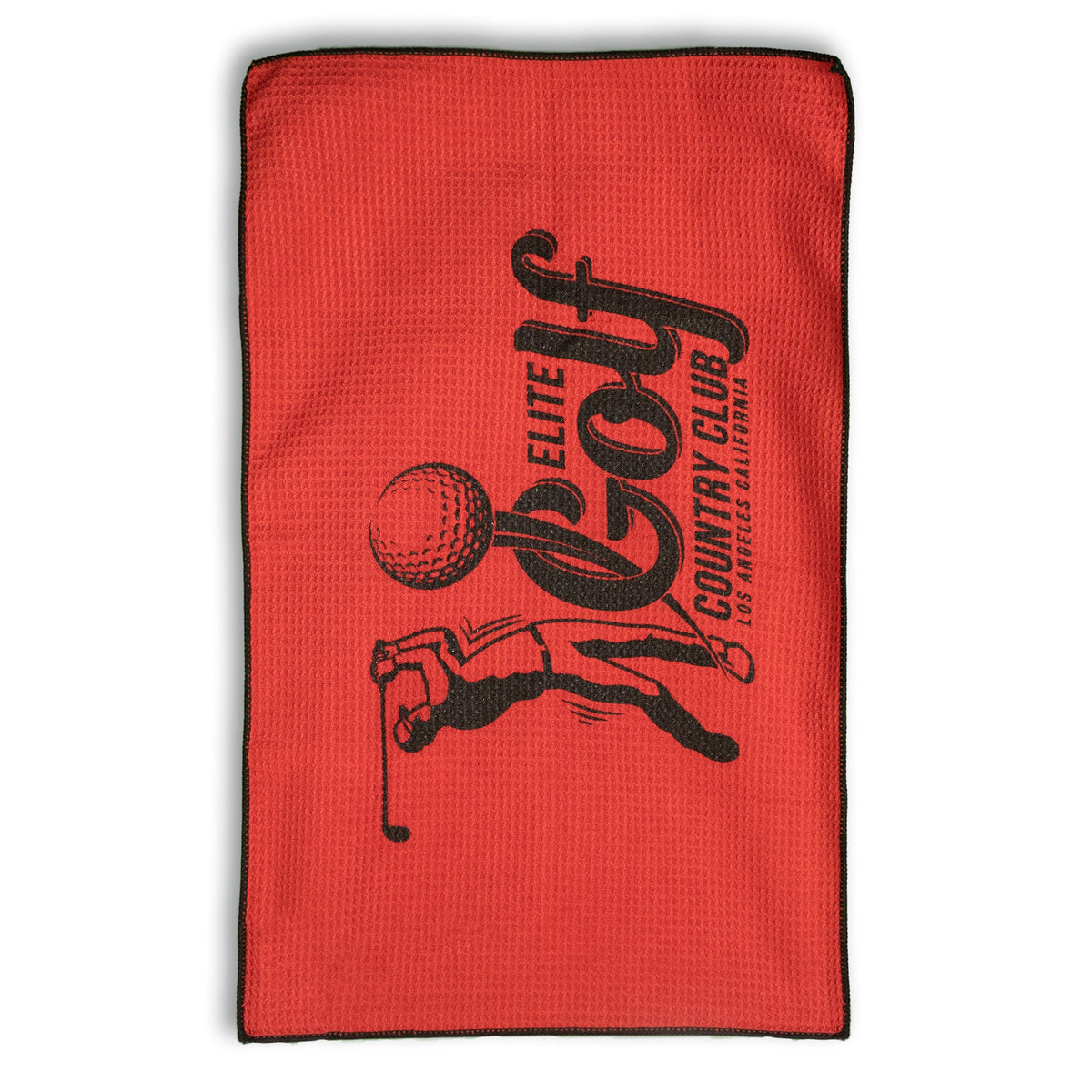 The Pro Towels Microfiber Waffle Golf Towels in red feature black trim, a golfer silhouette, a golf ball, and ELITE GOLF COUNTRY CLUB USA PROGRESS CHAMPION text printed in black.