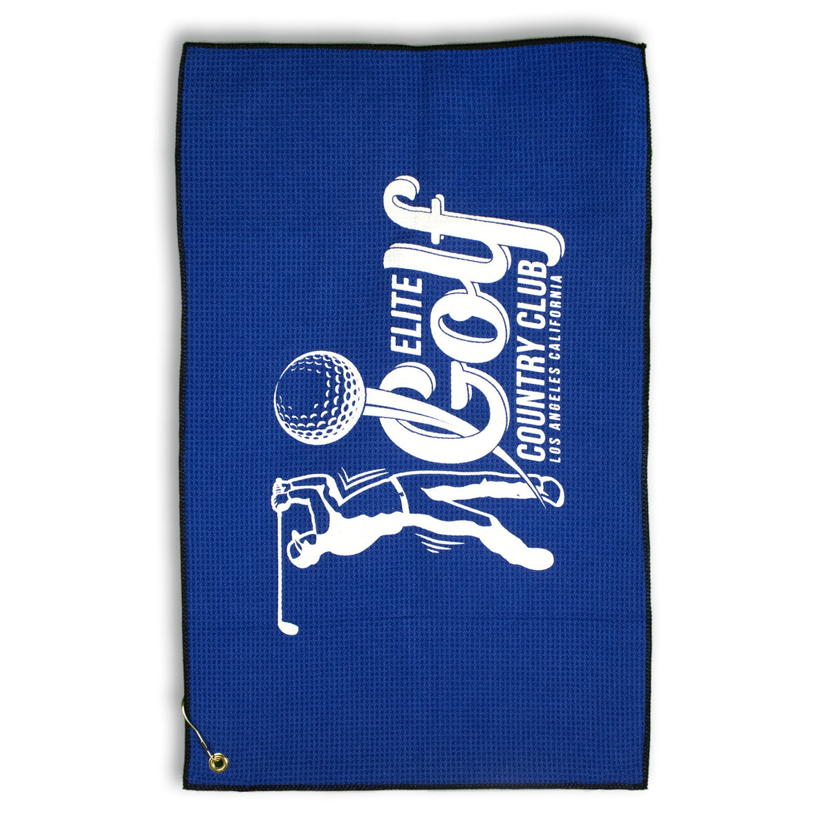 The Pro Towels Microfiber Waffle Golf Towel features a blue design with a white golfer, golf ball, and Elite Golf Country Club, Los Angeles, California text. Includes a metal grommet in the bottom left corner. Ideal for wholesale golf towel orders.