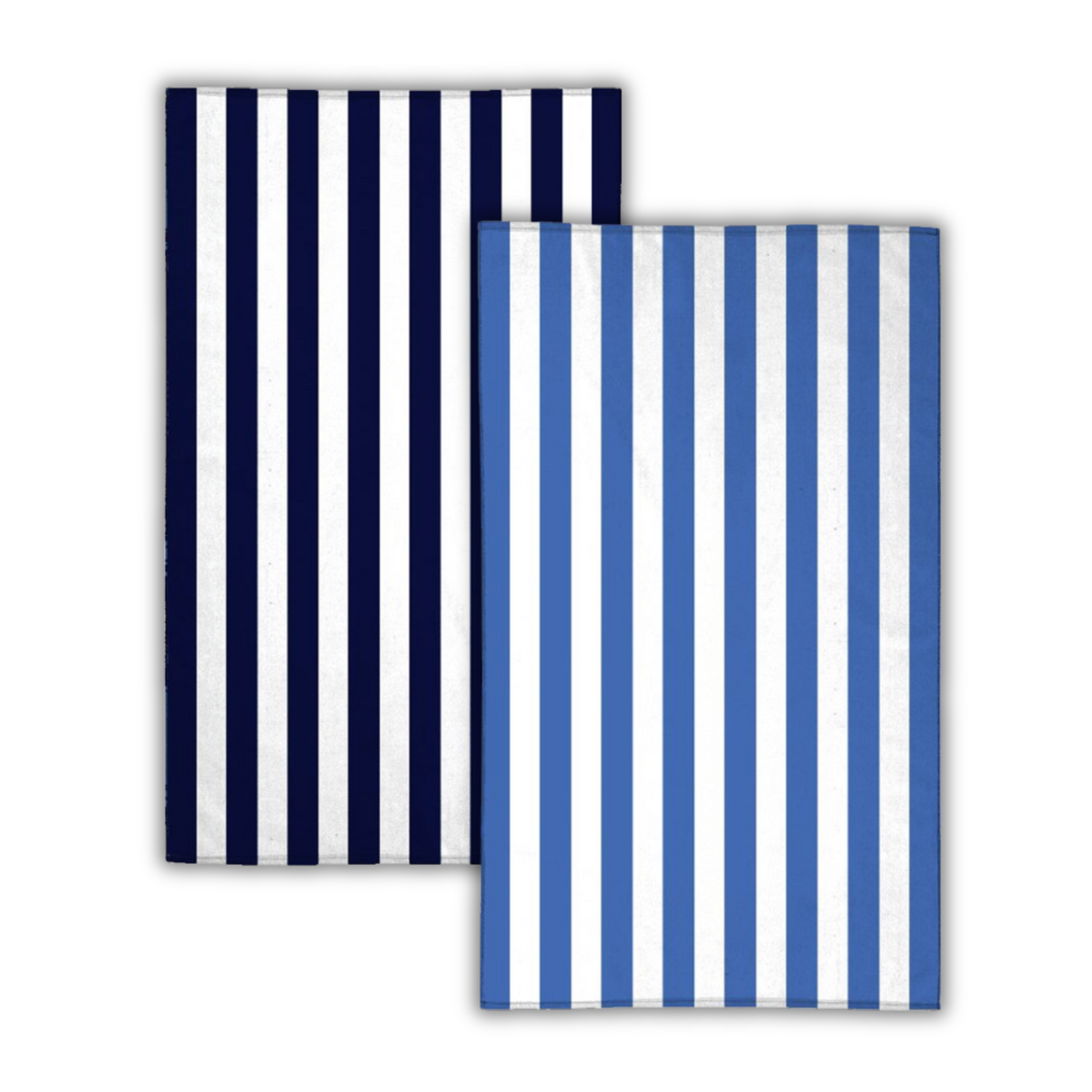Two Pro Towels Midweight Cabana Beach Towels—one dark blue/white, one light blue/white, both with vertical stripes—slightly overlap on a white background. Ideal for custom embroidery.