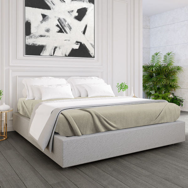 A modern bedroom features a large bed with neutral bedding and a Ganesh Mills Oxford Polar Fleece Blanket—anti-pilling, double stitched edges. Minimalist decor, black-and-white art, green plants, and light walls create a cozy yet elegant space.