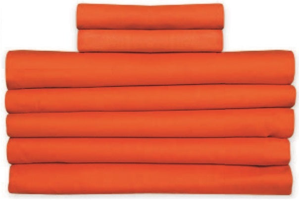 Seven neatly folded orange KSE Prison Pillowcase T130 (Standard) units are stacked in two rows against a white background, with five large cases forming the base and two smaller ones on top, echoing typical institutional bedding arrangements.