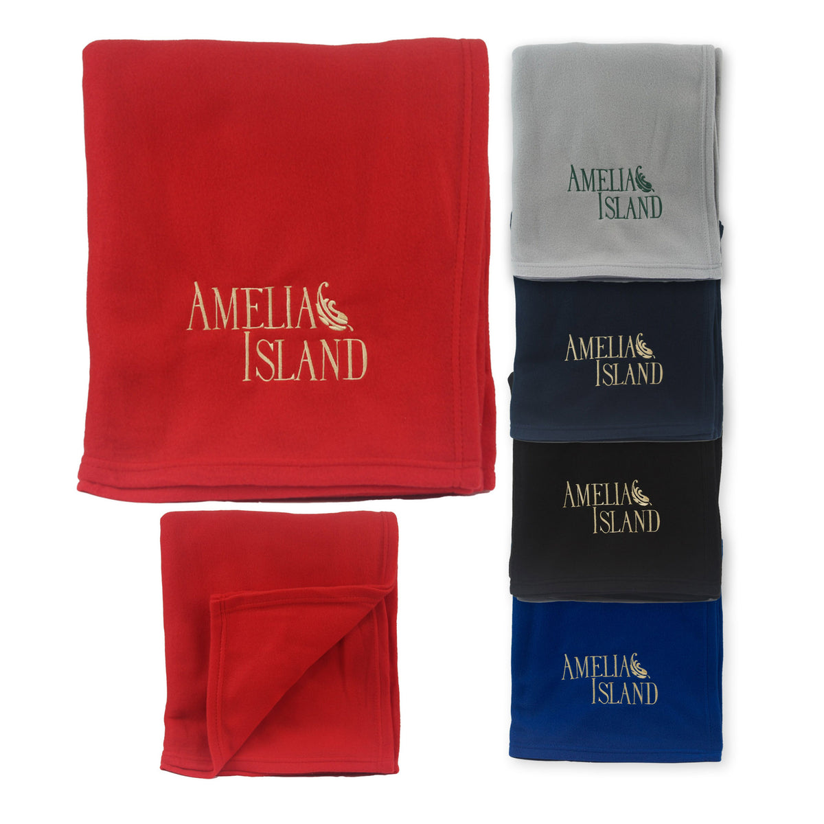 Six Pro Towels Promo Fleece Blankets in red, grey, navy, black, and royal blue with Amelia Island and a bird logo custom embroidered. The red blanket is shown folded and unfolded on the left.