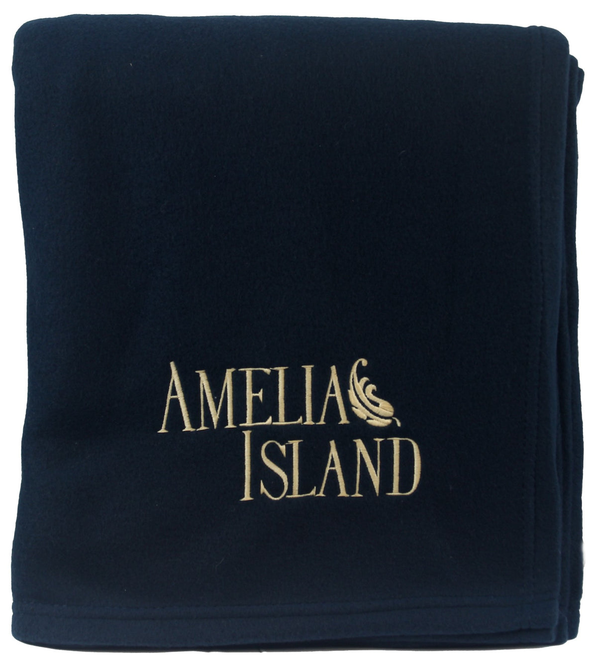 The Promo Fleece Blanket by Pro Towels is a neatly folded dark blue wholesale blanket featuring AMELIA ISLAND and a decorative swirl embroidered in gold, highlighting elegant custom embroidery.