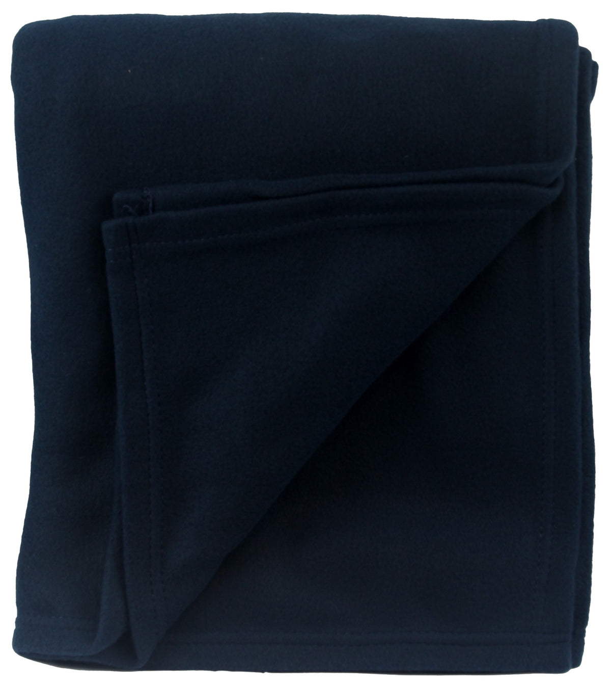 The Pro Towels Promo Fleece Blanket is neatly folded in dark blue, with a corner partially unfolded to display its soft texture and hemmed edges.
