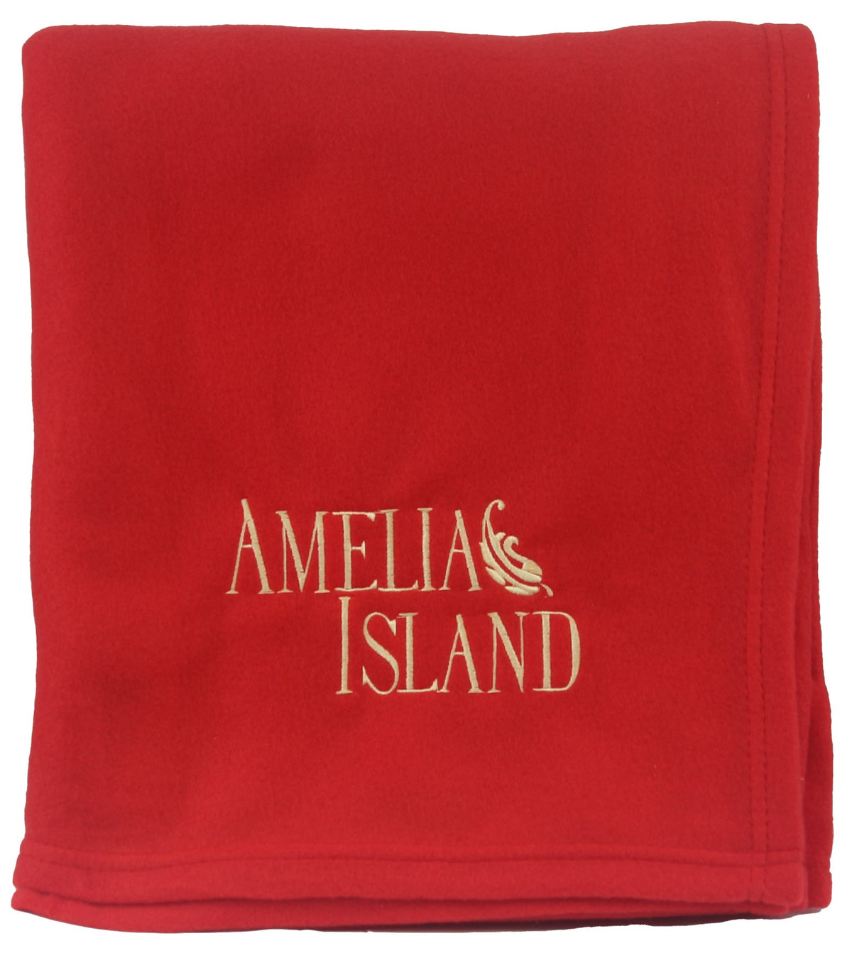 A neatly folded Promo Fleece Blanket by Pro Towels in red, custom embroidered with AMELIA ISLAND and a small gold seashell in one corner.