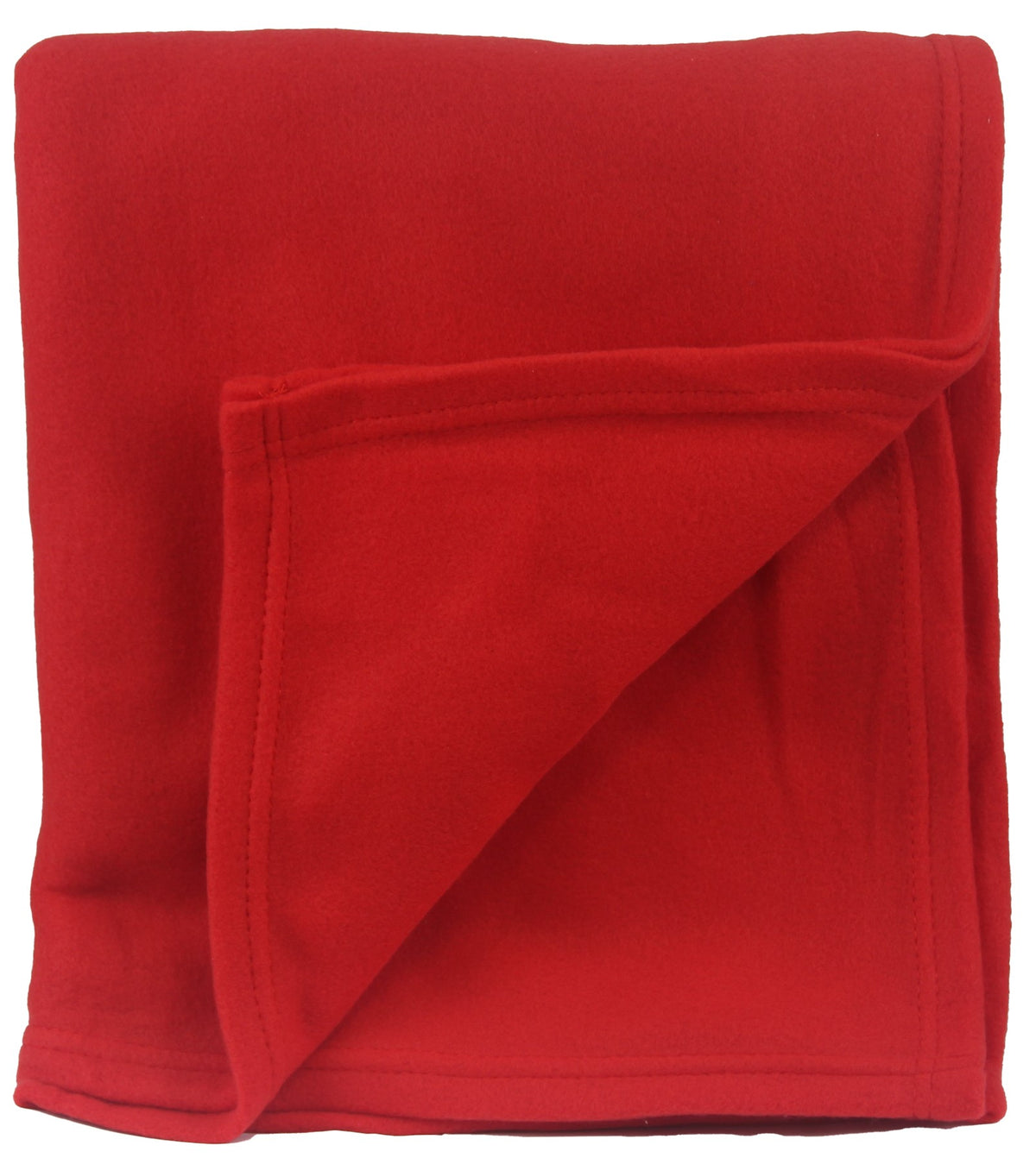 The Pro Towels Promo Fleece Blanket is neatly folded, bright red, with a corner turned up to display its soft texture and custom embroidered stitching along the edges.