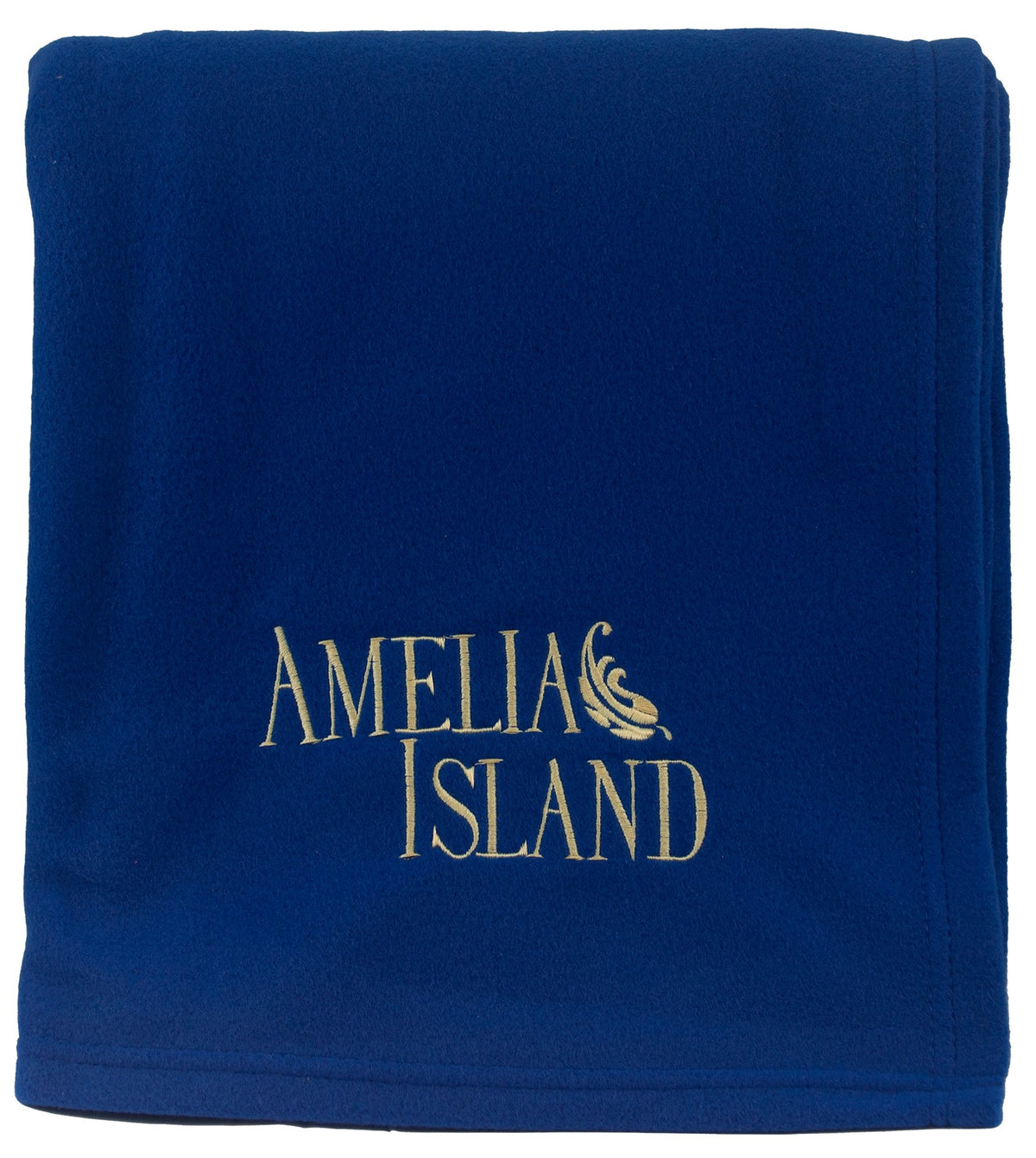 A folded royal blue Pro Towels Promo Fleece Blanket features “AMELIA ISLAND” and a small wave graphic custom embroidered on the front in light yellow thread.
