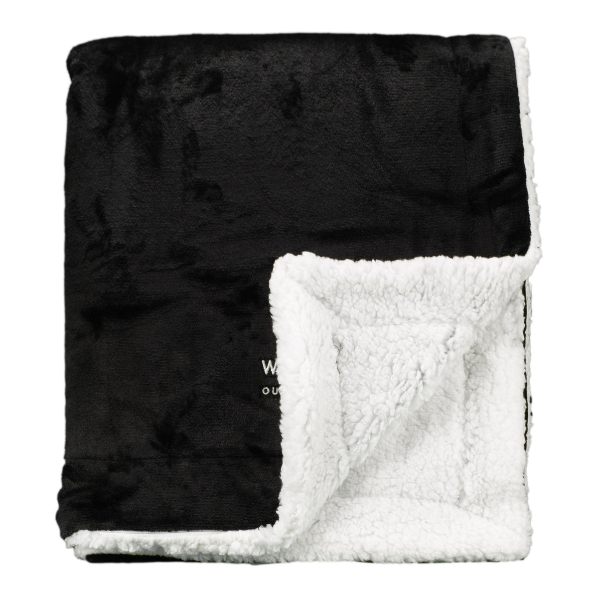 The Palmetto Challenger Blanket by Pro Towels is shown folded in black, with its soft white fleece-like lining visible—delivering plush comfort and warmth, making it an excellent wholesale throw blanket choice.