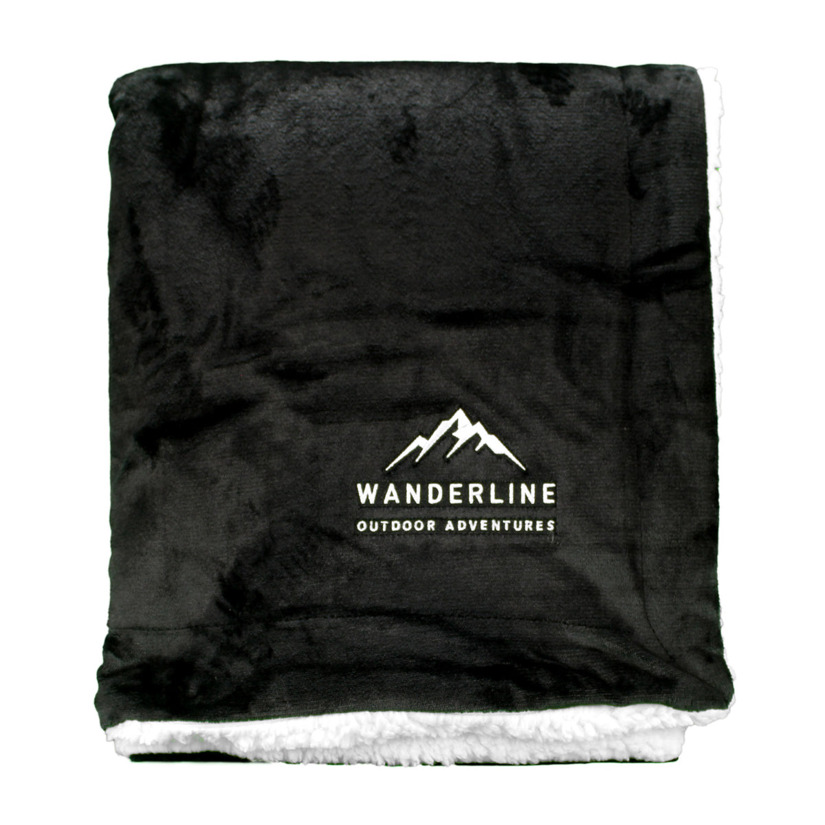 The Palmetto Challenger Blanket by Pro Towels is a folded black fleece blanket with a white sherpa lining, featuring custom embroidery of a mountain logo and the words "Wanderline Outdoor Adventures" on the front.