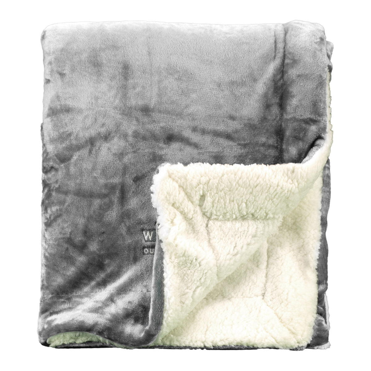 The Pro Towels Palmetto Challenger Blanket features a plush grey exterior with a fluffy white fleece interior. Displayed against a white background, one corner is turned up to showcase the cozy wholesale throw’s contrasting textures.