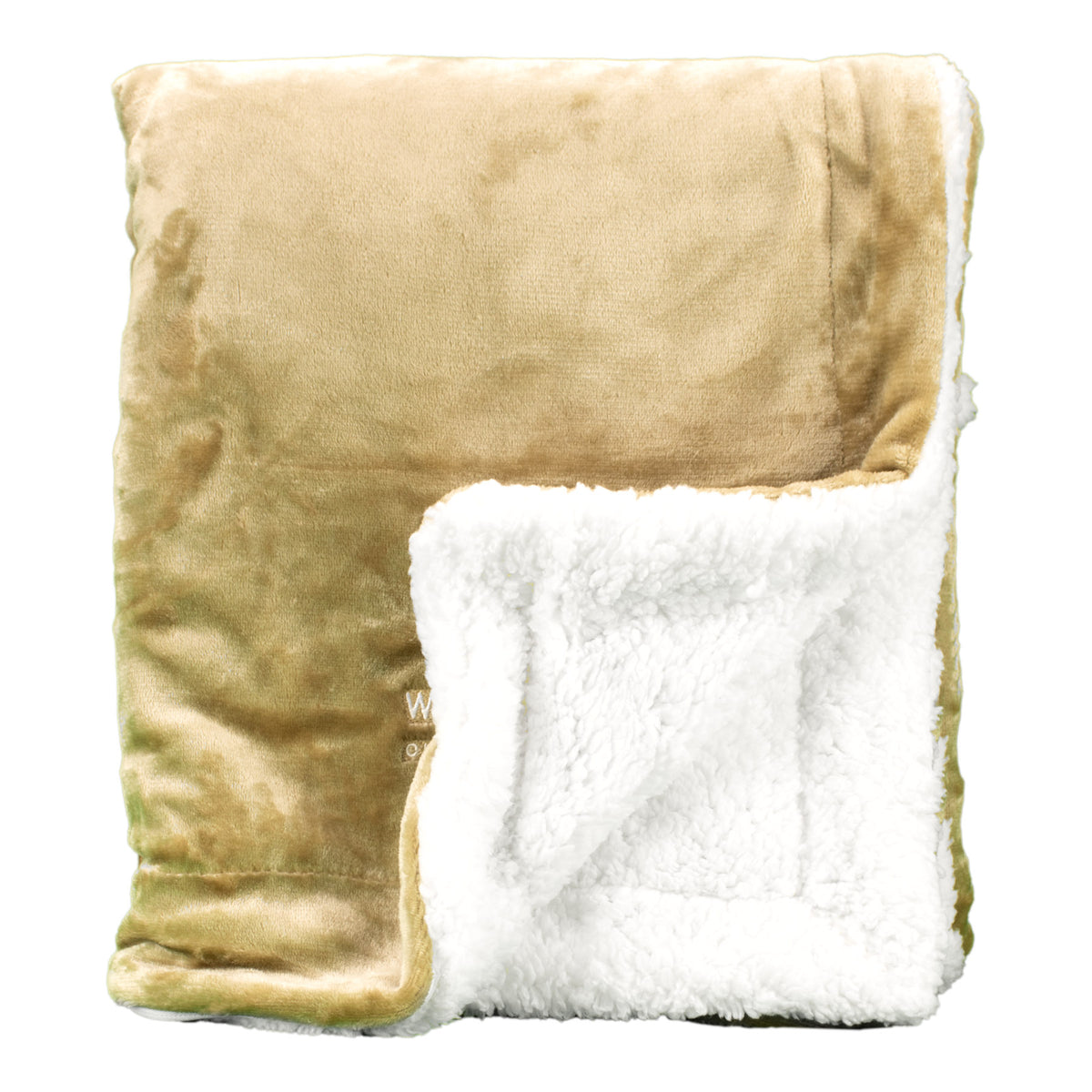 A Palmetto Challenger Blanket by Pro Towels, featuring a soft, light brown velvety surface and a plush white sherpa lining, is shown folded against a white background.