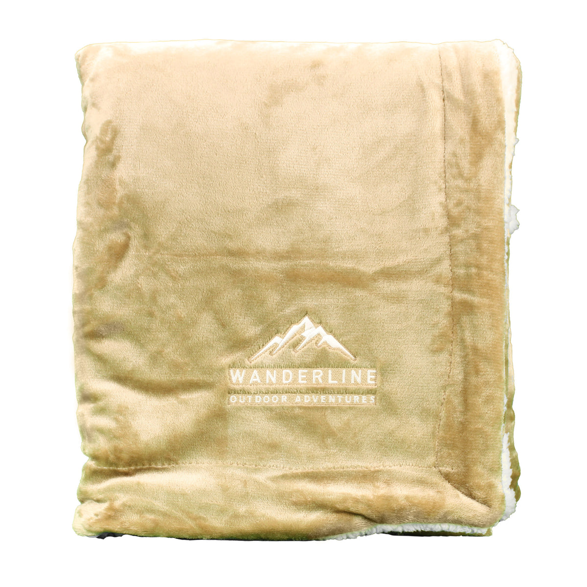 The Palmetto Challenger Blanket by Pro Towels is a tan fleece throw with white sherpa lining, featuring an embroidered mountain logo and "WANDERLINE OUTDOOR ADVENTURES"—ideal for wholesale and any adventure.