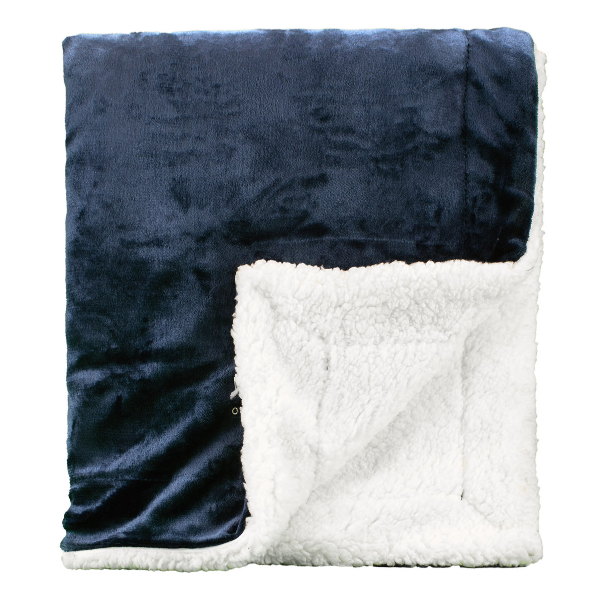 The Pro Towels Palmetto Challenger Blanket is shown folded, displaying its dark blue velvety side and white sherpa fleece side for a clear view of both soft textures.