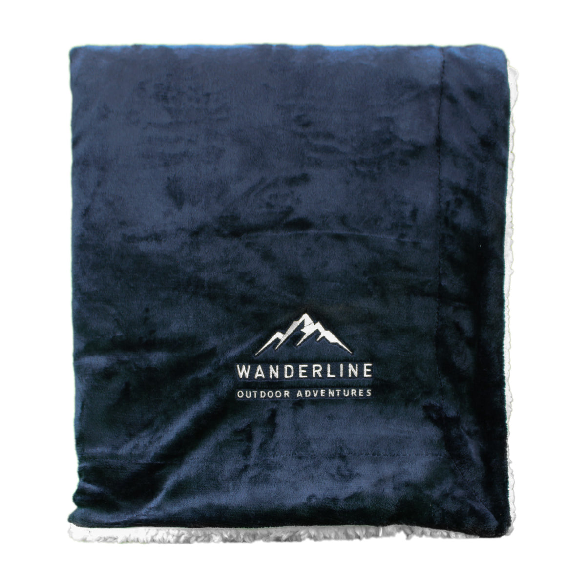 The Palmetto Challenger Blanket by Pro Towels is a folded navy fleece blanket with a white embroidered mountain logo and “WANDERLINE OUTDOOR ADVENTURES” text—an ideal custom embroidered blanket for outdoor enthusiasts.