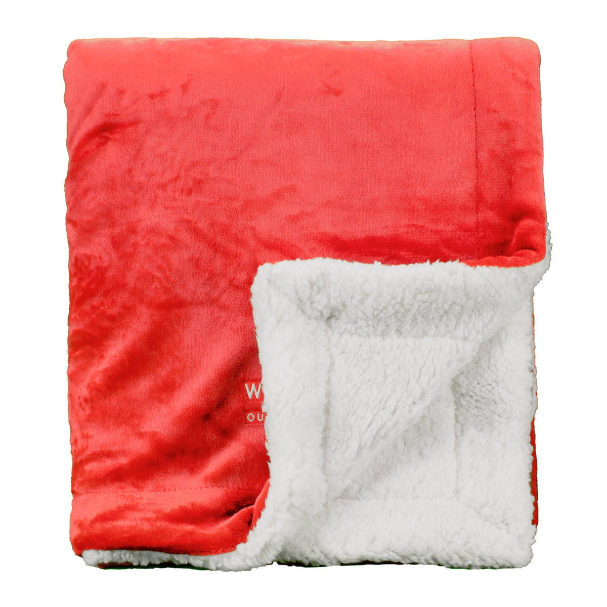 The Pro Towels Palmetto Challenger Blanket is shown folded in red, with a white, soft fluffy lining that highlights the cozy, contrasting textures and colors of this wholesale throw.