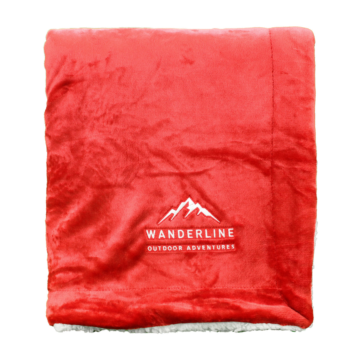 A folded red Pro Towels Palmetto Challenger Blanket with Wanderline Outdoor Adventures and a mountain logo custom embroidered in white on the front. The edge reveals a soft, white fuzzy lining inside this wholesale throw blanket.
