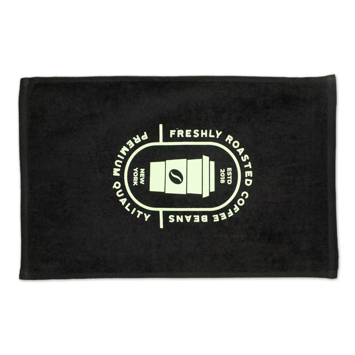 The Platinum Collection Golf Towel with Corner Grommet by Pro Towels is a black, rectangular towel with a white circular coffee cup logo and text—ideal for corporate promotions or custom embroidery.