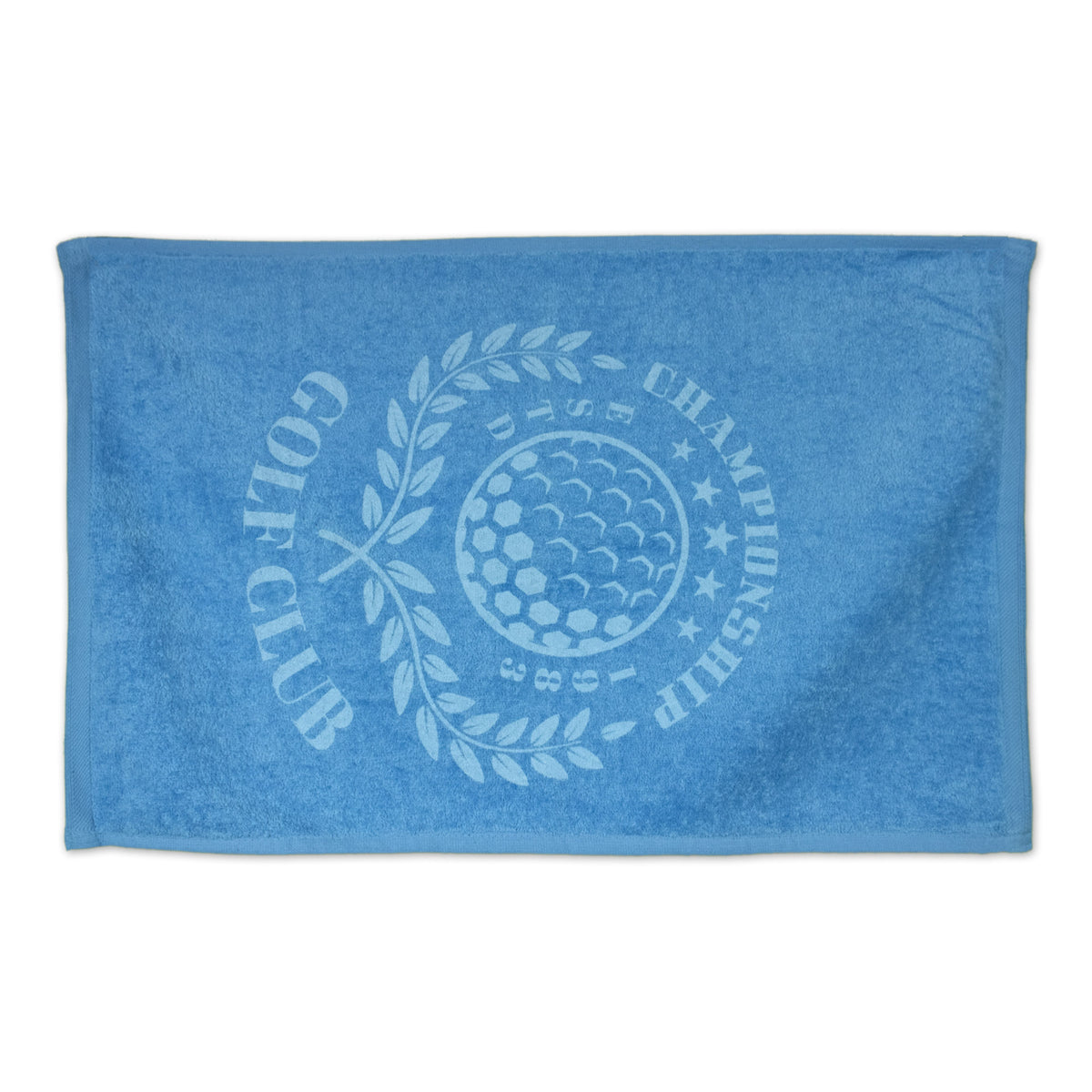 The Platinum Collection Golf Towel with Corner Grommet by Pro Towels features a blue golf ball and laurel design with GOLF CLUB and CHAMPIONSHIP—ideal for custom embroidery or corporate promotions.