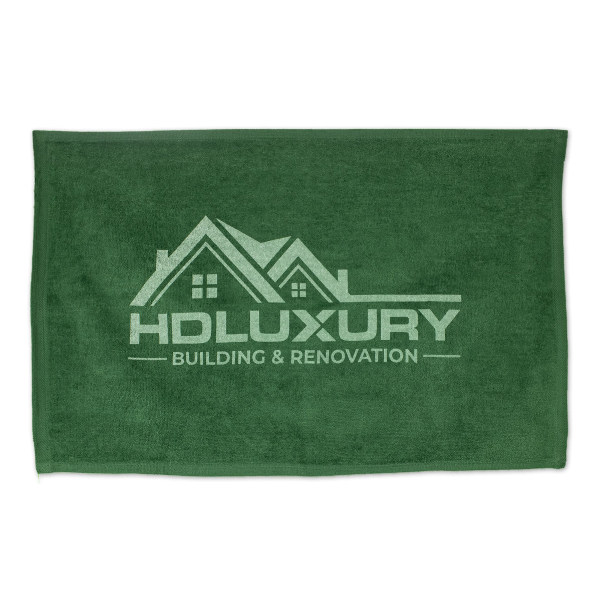 The Pro Towels Platinum Collection Golf Towel with Corner Grommet in green features a house roof graphic and HDLuxury Building & Renovation text—perfect for custom embroidery and corporate promotions.