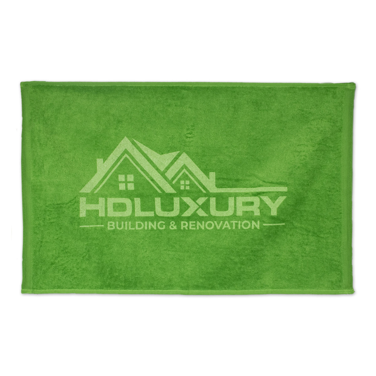The Pro Towels Platinum Collection Golf Towel with Corner Grommet is green, features a house roof logo and HD LUXURY BUILDING & RENOVATION in white—ideal for custom embroidery or corporate promotions.
