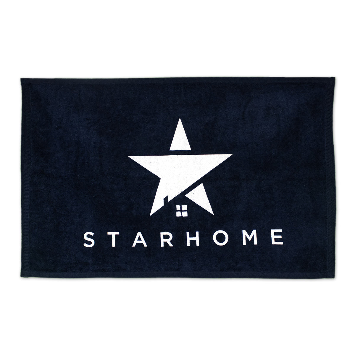 The Pro Towels Platinum Collection Golf Towel with Corner Grommet features a black design with a bold white star and house silhouette, STARHOME lettering, and is ideal for custom embroidery or corporate promotions.