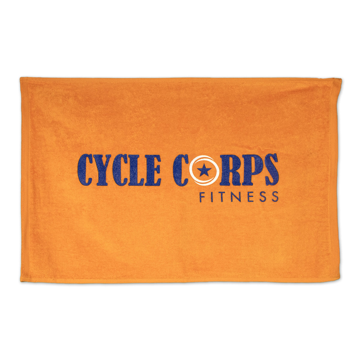 The Pro Towels Platinum Collection Golf Towel with Corner Grommet is orange with “CYCLE CORPS FITNESS” in large blue text and a star in the second O—ideal for custom embroidery or corporate promotions.