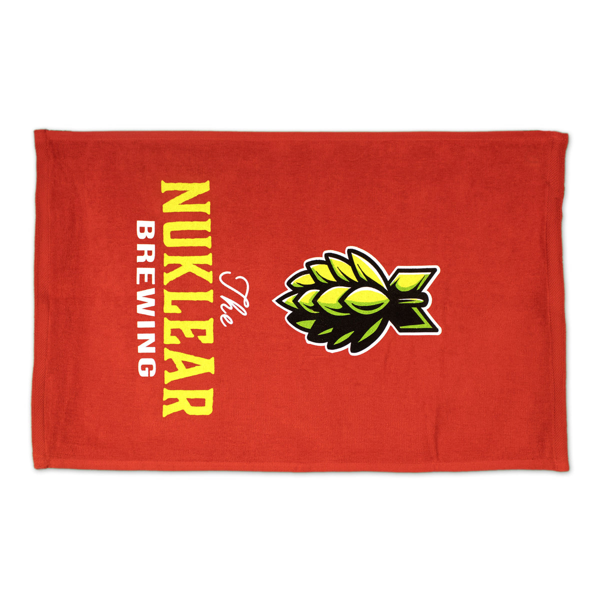 The Pro Towels Platinum Collection Golf Towel with Corner Grommet features a red towel with a green hop graphic and "The Nuklear Brewing" in yellow and white—ideal for corporate gifts or custom embroidery.