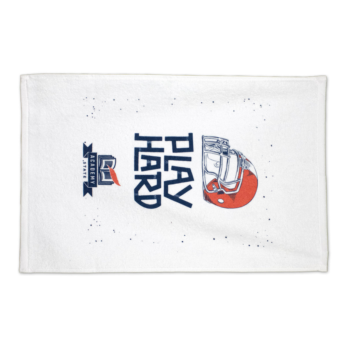 The Pro Towels Platinum Collection Golf Towel with Corner Grommet features an orange football helmet graphic, bold navy PLAY HARD text, and the ACADEMY SPORTS + OUTDOORS logo—ideal for corporate promos or custom embroidery.
