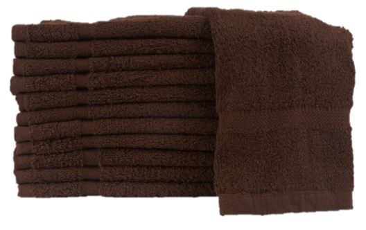 A stack of KSE Bath Towels - 10 Single Color Towels in dark brown, made from 100% cotton, neatly folded with one towel unfolded and draped over the top.