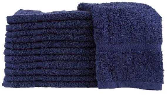 A stack of ten neatly folded KSE Bath Towels in a single color, made from soft, textured 100% cotton—ideal for bulk wholesale needs.