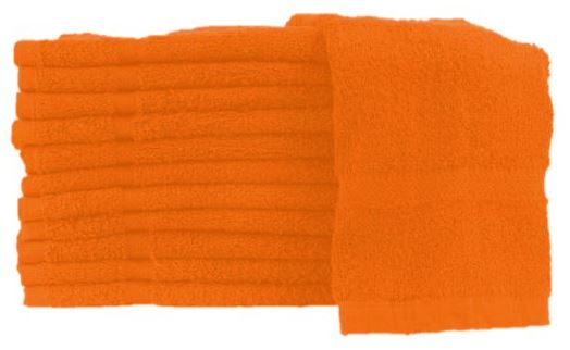 A stack of KSE Bath Towels - 10 Single Color Towels in bright orange, made from 100% cotton, with one towel partially unfolded and draped over the others.