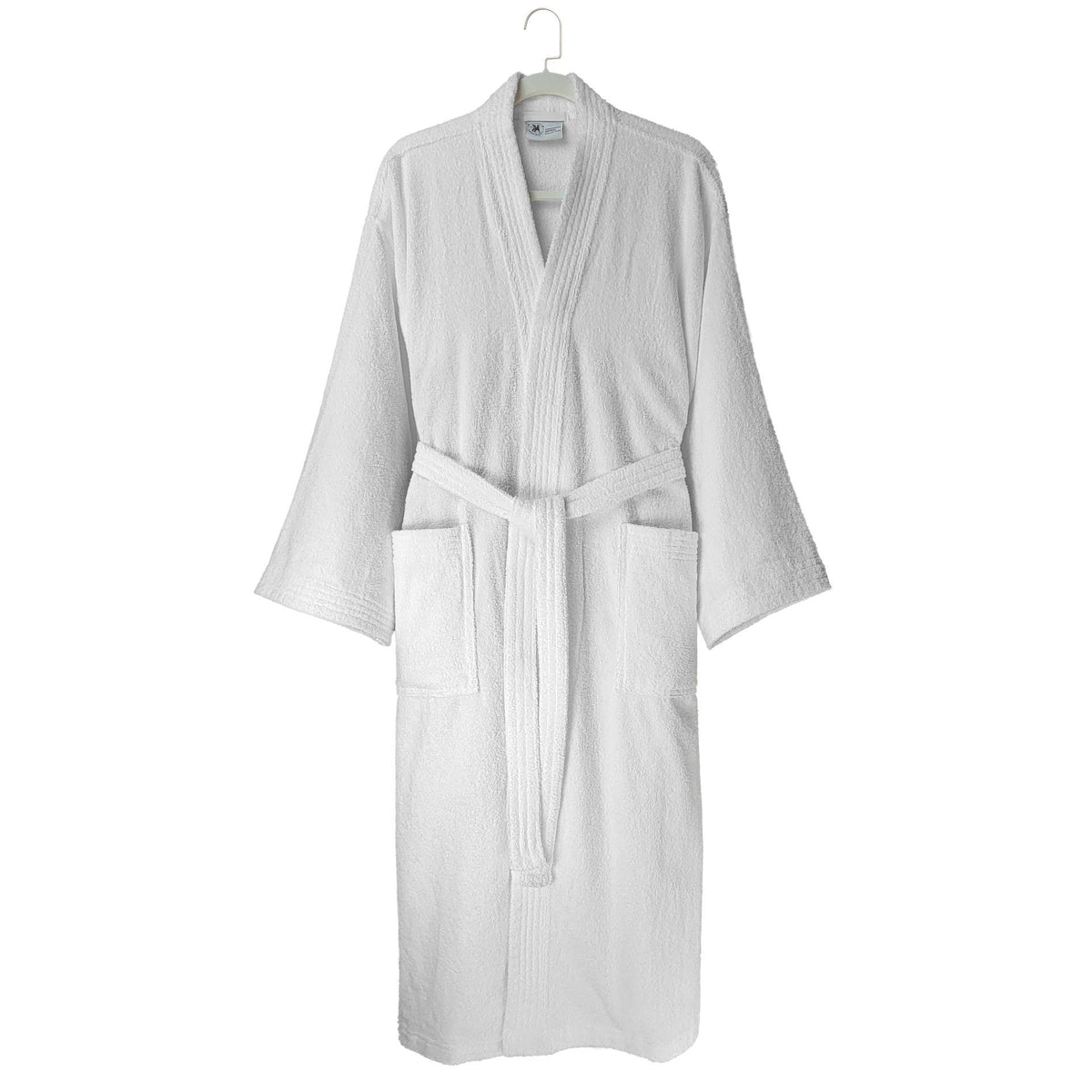 The Ganesh Mills Oxford Double Gauze Bathrobe in white with white piping features long sleeves, front pockets, and a waist belt. Quick-drying, it is shown hanging on a hanger against a plain background.