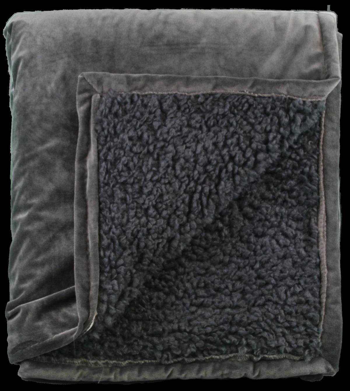 A folded dark gray Pro Towels Rural Llama Throw with a corner flipped over, showing its soft, textured Sherpa-style fleece lining.