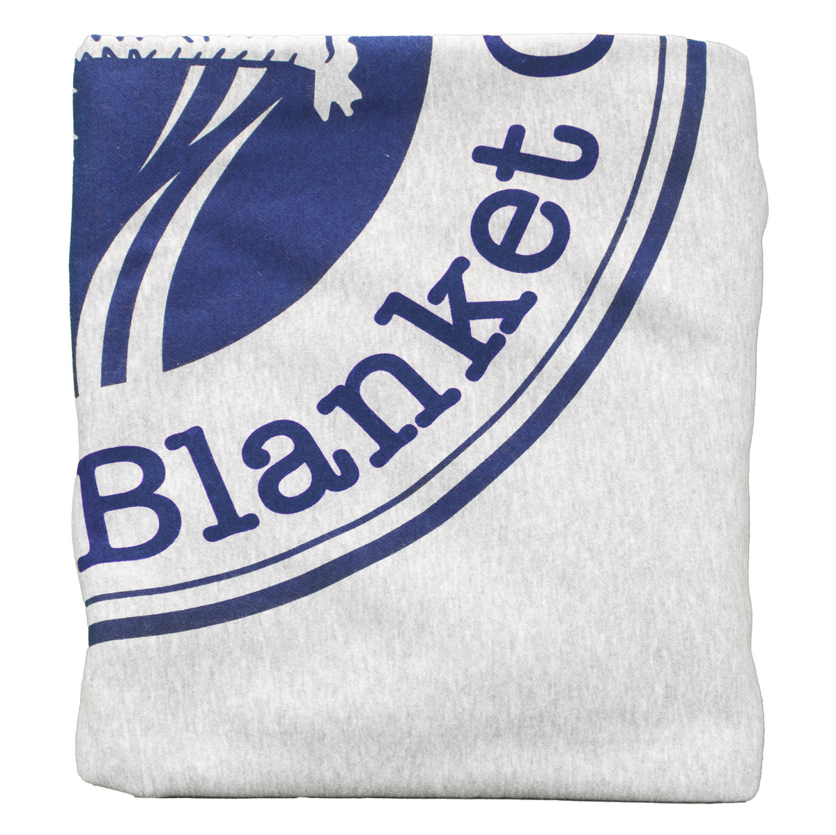 A folded light gray Pro Towels Sweatshirt Blanket displays a bold, blue circular logo with "Blanket" visible—ideal for anyone looking for customizable logo blanket options.