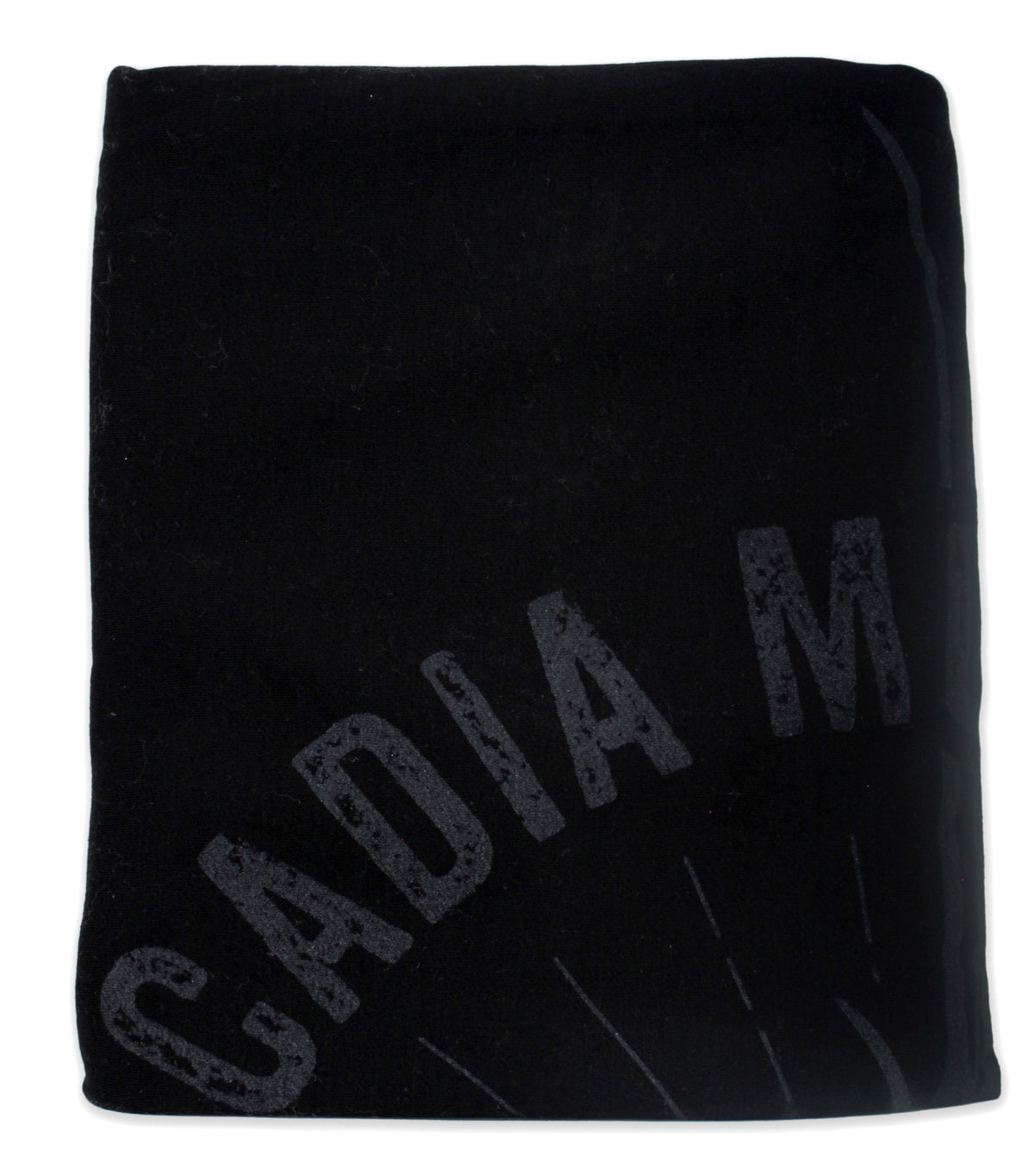 A black Sweatshirt Blanket by Pro Towels with curved gray "CADIA M" text, resembling a promotional throw or custom logo blanket.