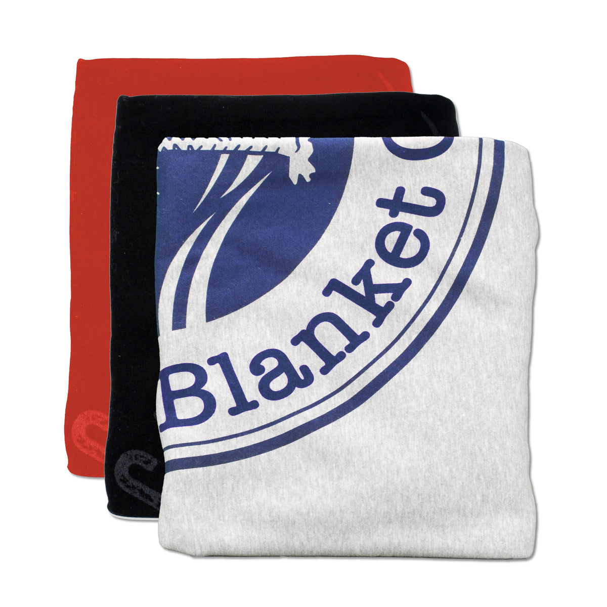 Three folded blankets are stacked: the top features a custom logo with a blue and white circular design and "Blanket," the middle is a black Pro Towels Sweatshirt Blanket, and the bottom is red—perfect for bulk wholesale blanket orders.