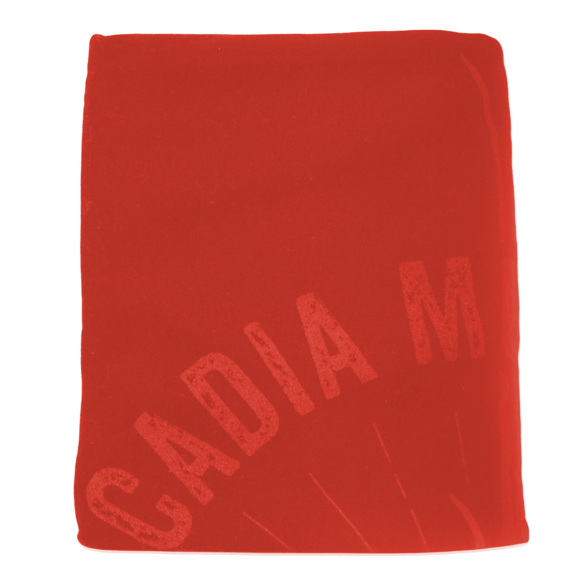 A bright red Pro Towels Sweatshirt Blanket, rectangular with a smooth, soft surface and partially visible faded white "CADIA M" text featuring rays extending downward.