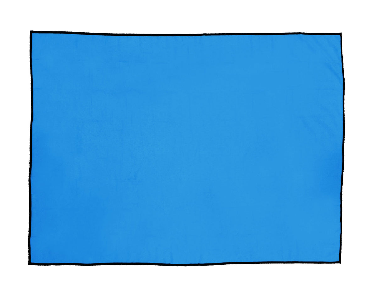 The Pro Towels Sand Repellent Beach Blanket is a plain, rectangular blue blanket with a black border, shown laid flat on a white background.