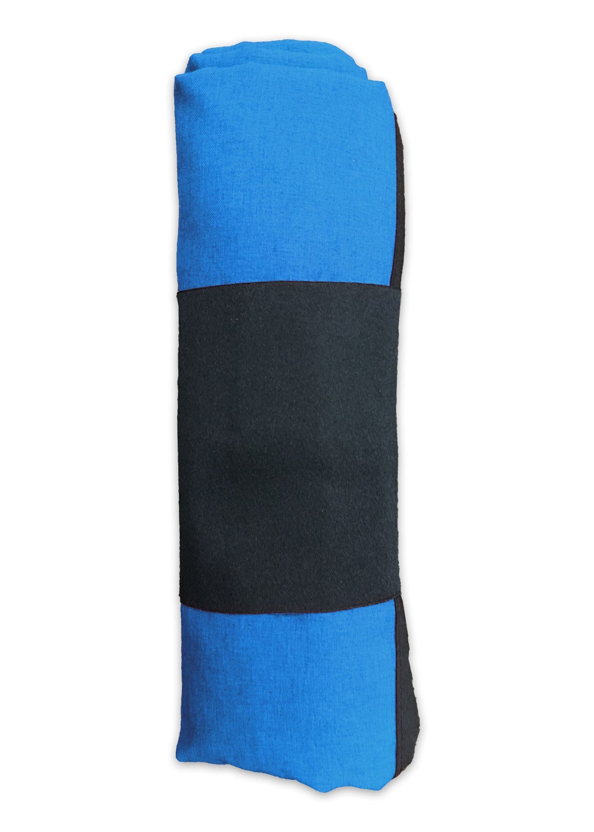 The Pro Towels Sand Repellent Beach Blanket is a rolled-up rectangle with alternating bright blue and black horizontal stripes, shown on a white background.