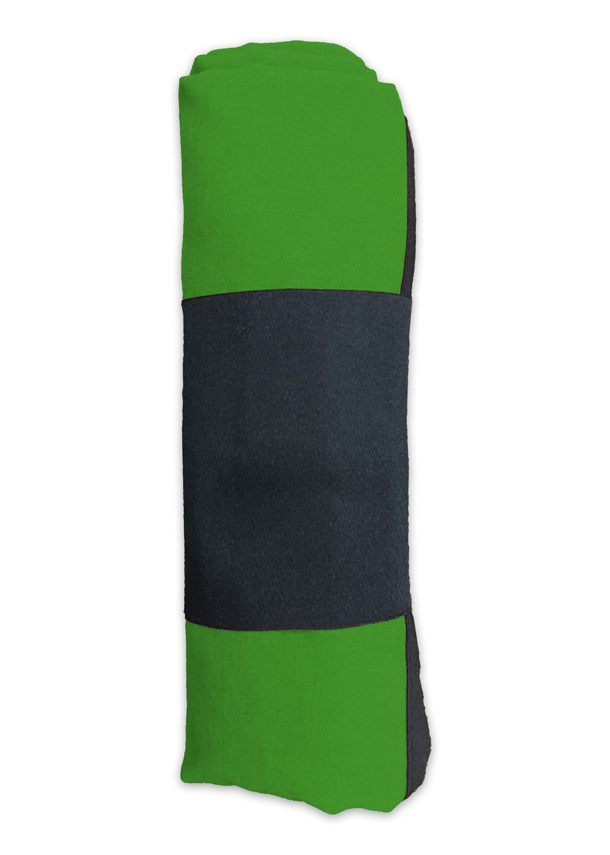 The Pro Towels Sand Repellent Beach Blanket, shown rolled up with bold green and black color blocks against a white background, blends style and functionality for your beach outings.