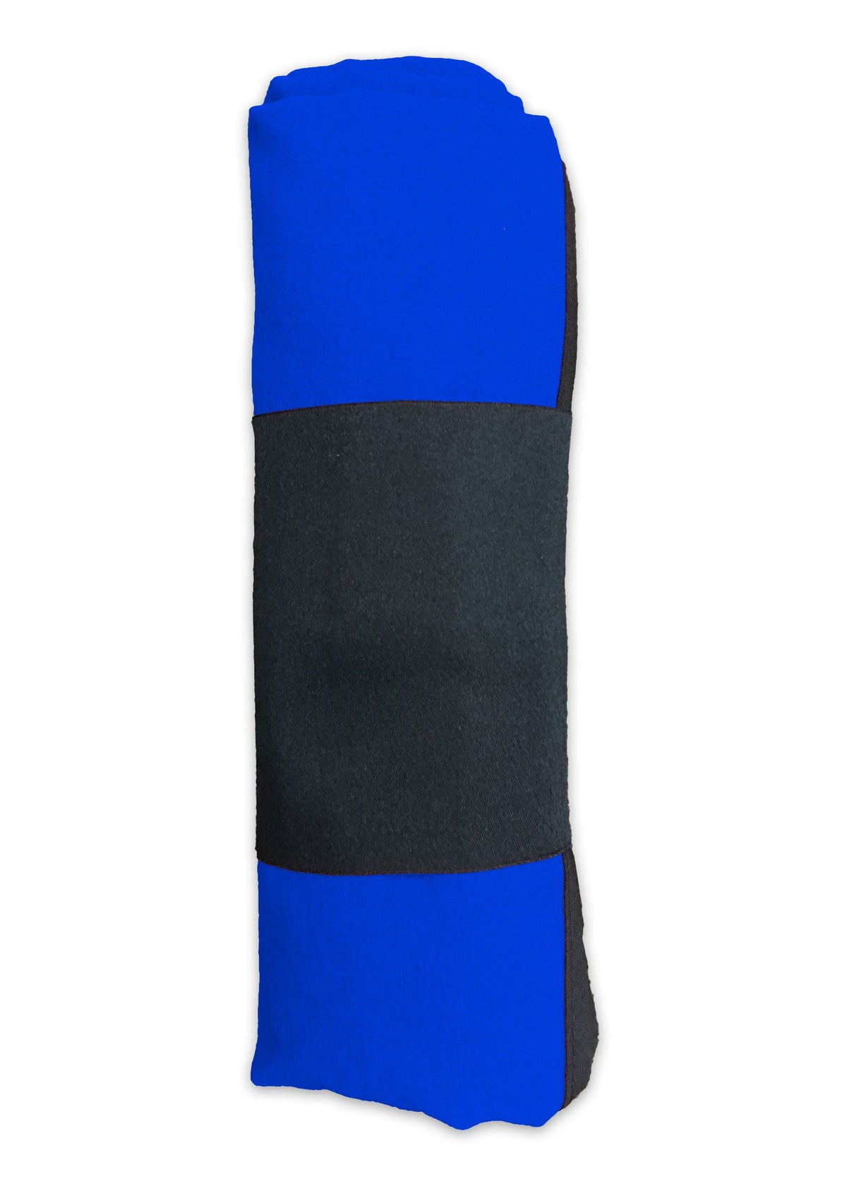 The Pro Towels Sand Repellent Beach Blanket is a rolled blue towel with a black stripe across the middle, perfect for the beach and shown isolated on a white background.