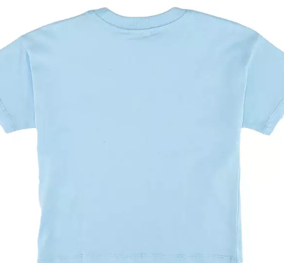 The KSE Slip-Over Baby Shirts - Short Sleeve in plain light blue cotton are shown from the back against a white background—ideal for 3-month-old babies.