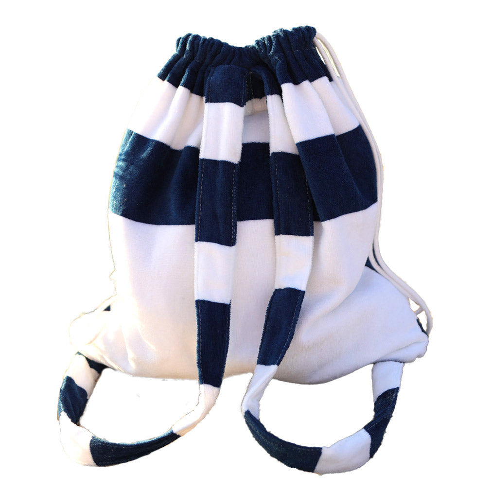 The Shore Buddy - Striped Cabana Beach Towel by Pro Towels features wide navy blue and white stripes with a plush, soft texture, inspired by classic cabana style.