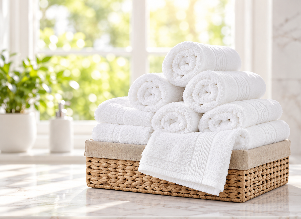 A wicker basket filled with KSE Bath Towel - Standard 16 Single Towels rests on a marble surface by a sunlit window, with a green potted plant in the background.