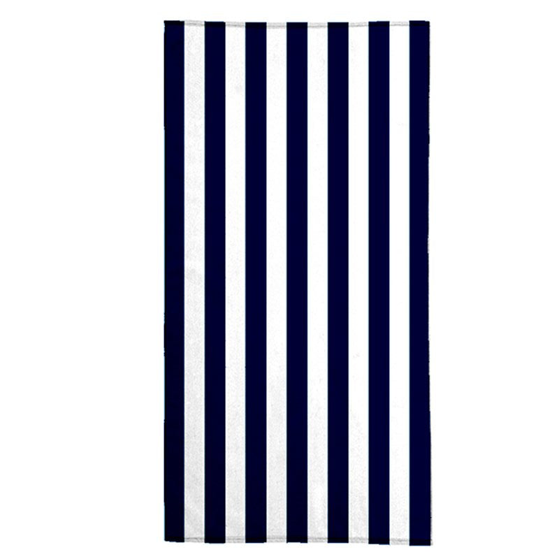 The Pro Towels Standard Cabana Beach Towel features vertical navy blue and white stripes running the full length, ideal for promotional beach towels or custom embroidery.