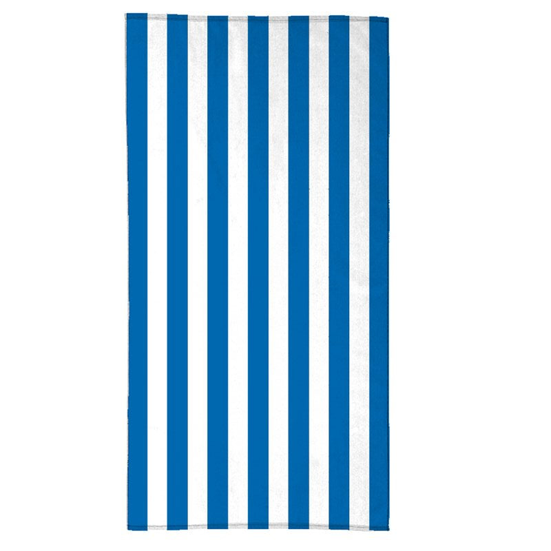 The Standard Cabana Beach Towel by Pro Towels features evenly alternating vertical blue and white stripes—ideal for adding custom embroidery and creating a personalized look for your beach day.
