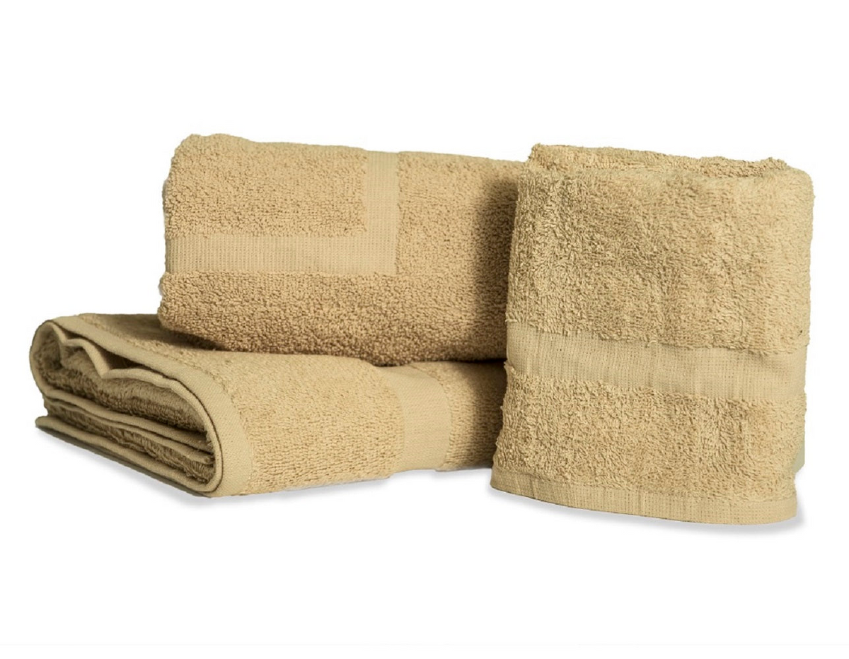 Two beige Thomaston Cam Towels and two matching hand towels by Thomaston Mills, neatly folded and stacked together on a white background.