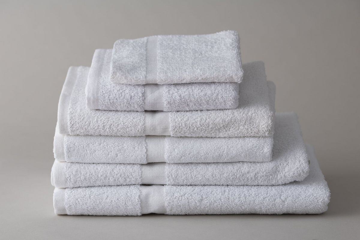 A set of Thomaston Cam Towels by Thomaston Mills, stacked neatly from largest to smallest, showcases their durable cotton construction against a plain light gray background.