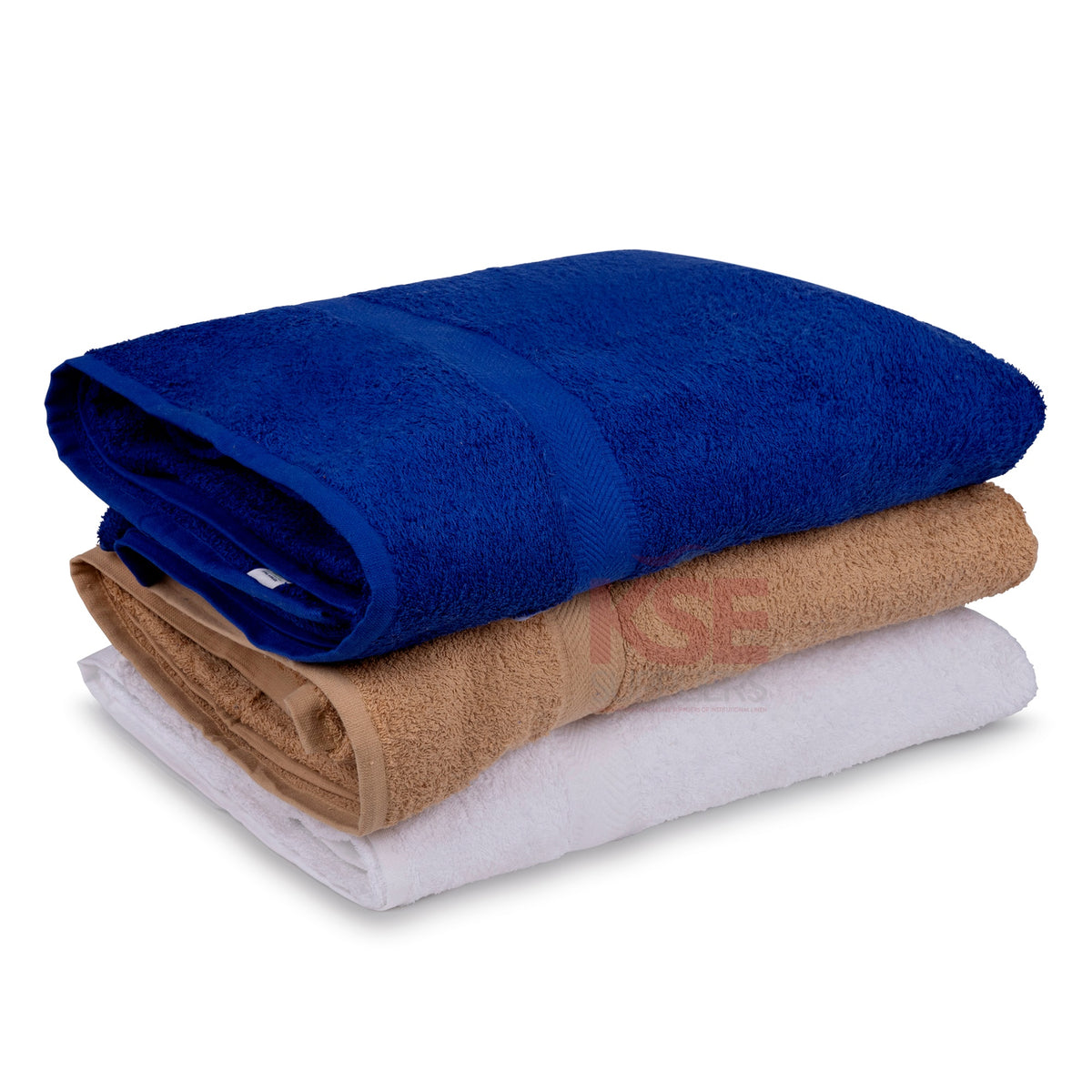 A neatly folded stack of three KSE Pool Towels – Solid Colors—blue on top, beige in the middle, and white at the bottom—displayed against a white background.