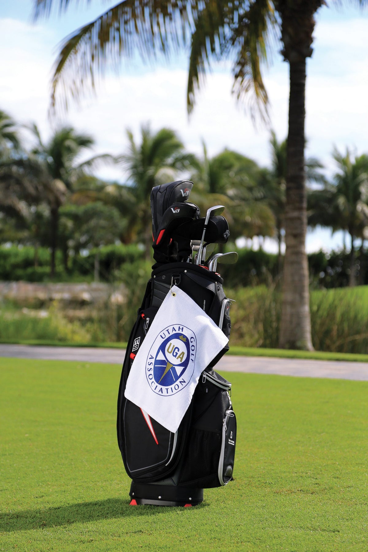 A black golf bag filled with clubs stands on green grass, displaying a white Pro Towels Promotional Rally Towel. The towel hangs from the bag, while palm trees and a blue sky create a vibrant backdrop.